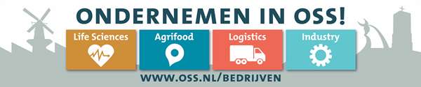 billboard met der tekts: Ondernemen in Oss. Lifesciences, Agrifood, Logistics en Industry. www.oss.nl/bedrijven