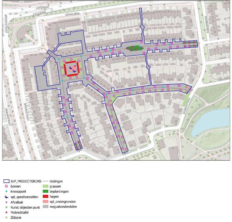 Kaart van het projectgebied bestaande uit de woonstraten Smaragd, Robijn, Saffier en Toermalijn in de wijk Ussen