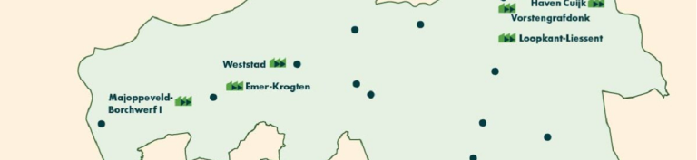 Kaart van Noord-Brabant waar wordt aangegeven welke bedrijventerreinen zich nu ook aansluiten bij Grote Oogst