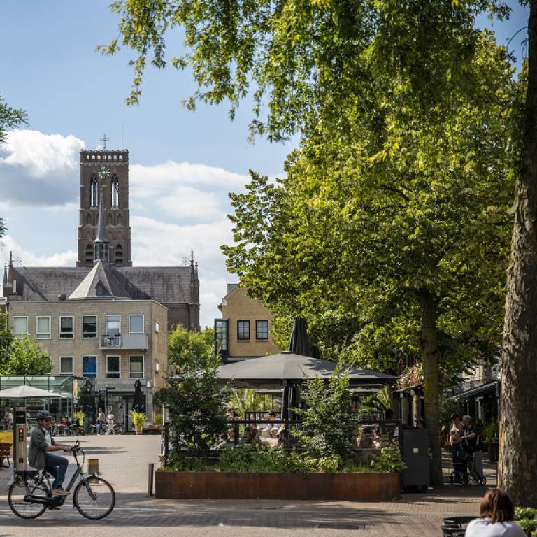 De grote kerk van Oss met groen in de stad